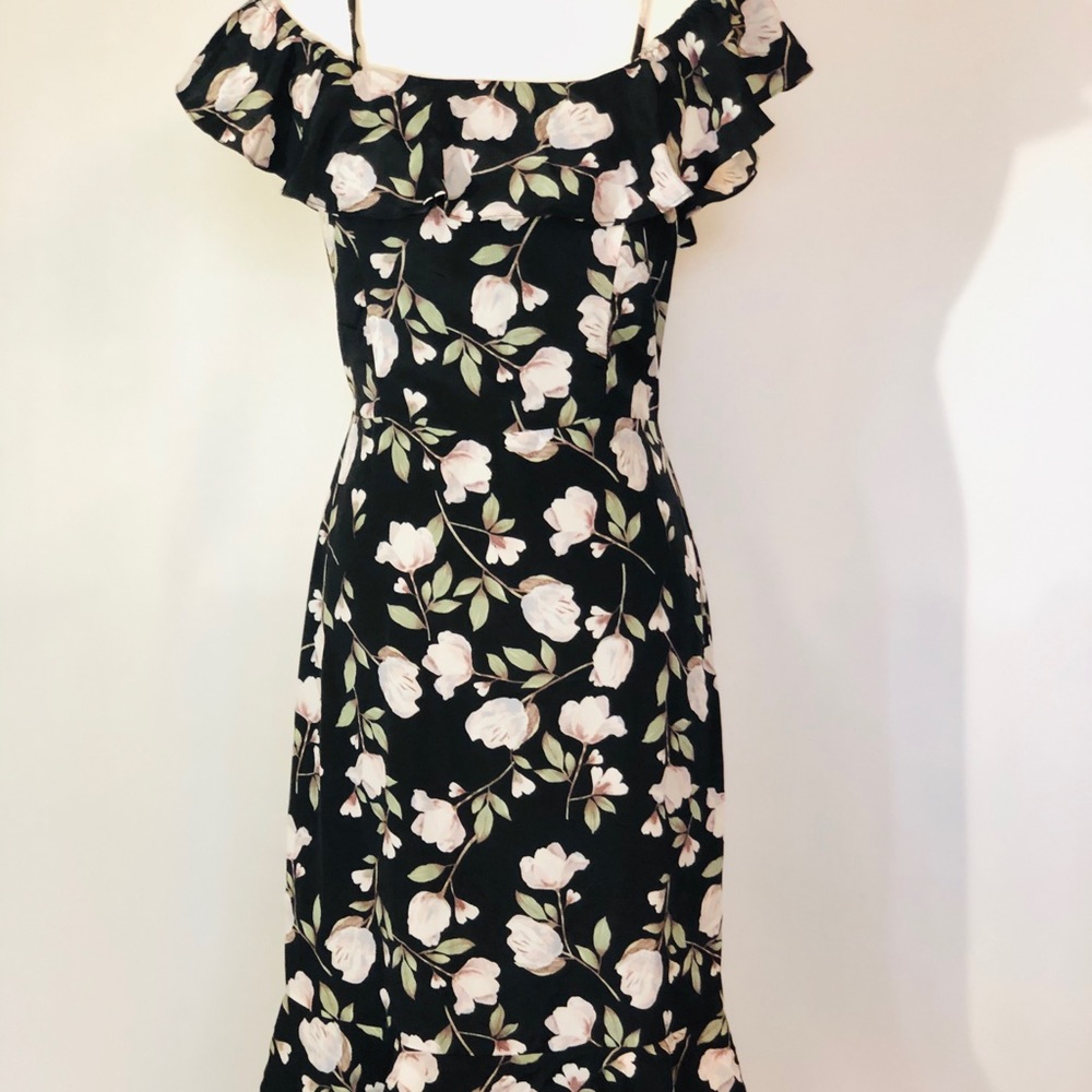 J.O.A. Cold Shoulder Black Floral Midi Dress.